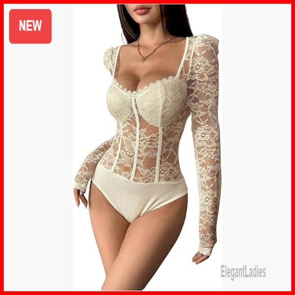 Floral Lace Long Sleeve V Neck Corset Bodysuit Leotard Slim Fit